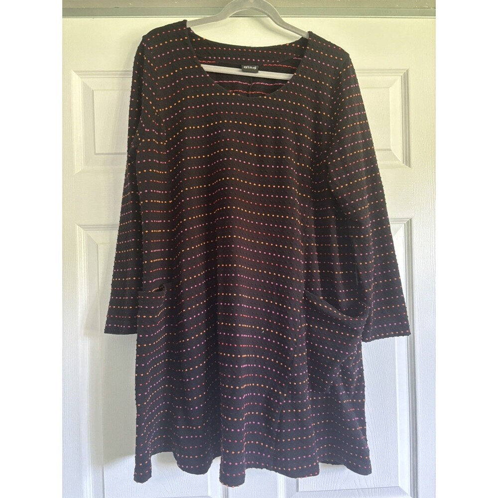 AINO Finland XL Lagenlook Dress, Black Pink Orange Stripes Dots Pockets